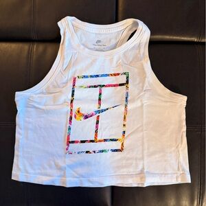 Nike Court Tennis White Crop Tank with Multicolor Floral Logo